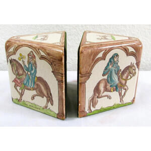 Rare Packard and Ord Tiled Bookends Canterbury Tales Hand Painted circa 1940's